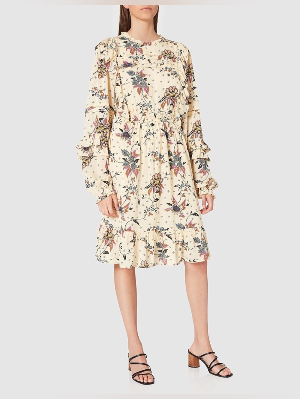 Scotch & Soda Cream Floral Ruffle Long-Sleeve Dress